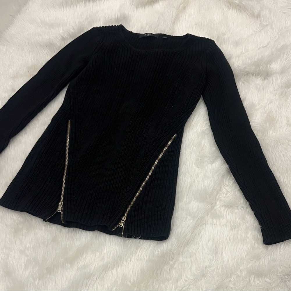 Guess Black Crew Neck Sweater with Zipper Accents